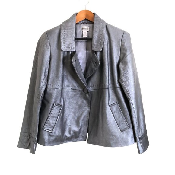 Like New Chico's Leather Metallic Button Front Jacket Bluish Steel Size 1 (=M/8)
